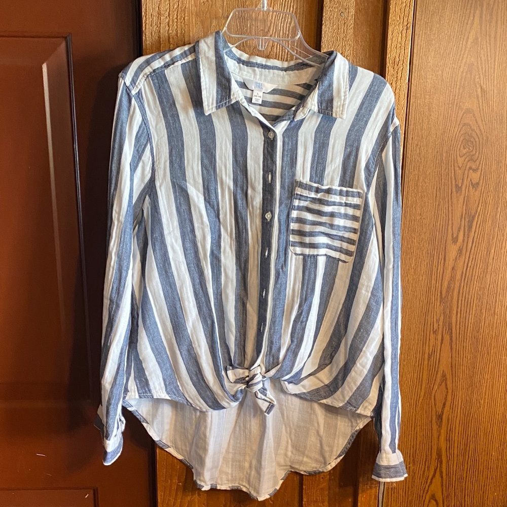 Time and Tru Blue and White Striped Button-Down Tie-Front Shirt